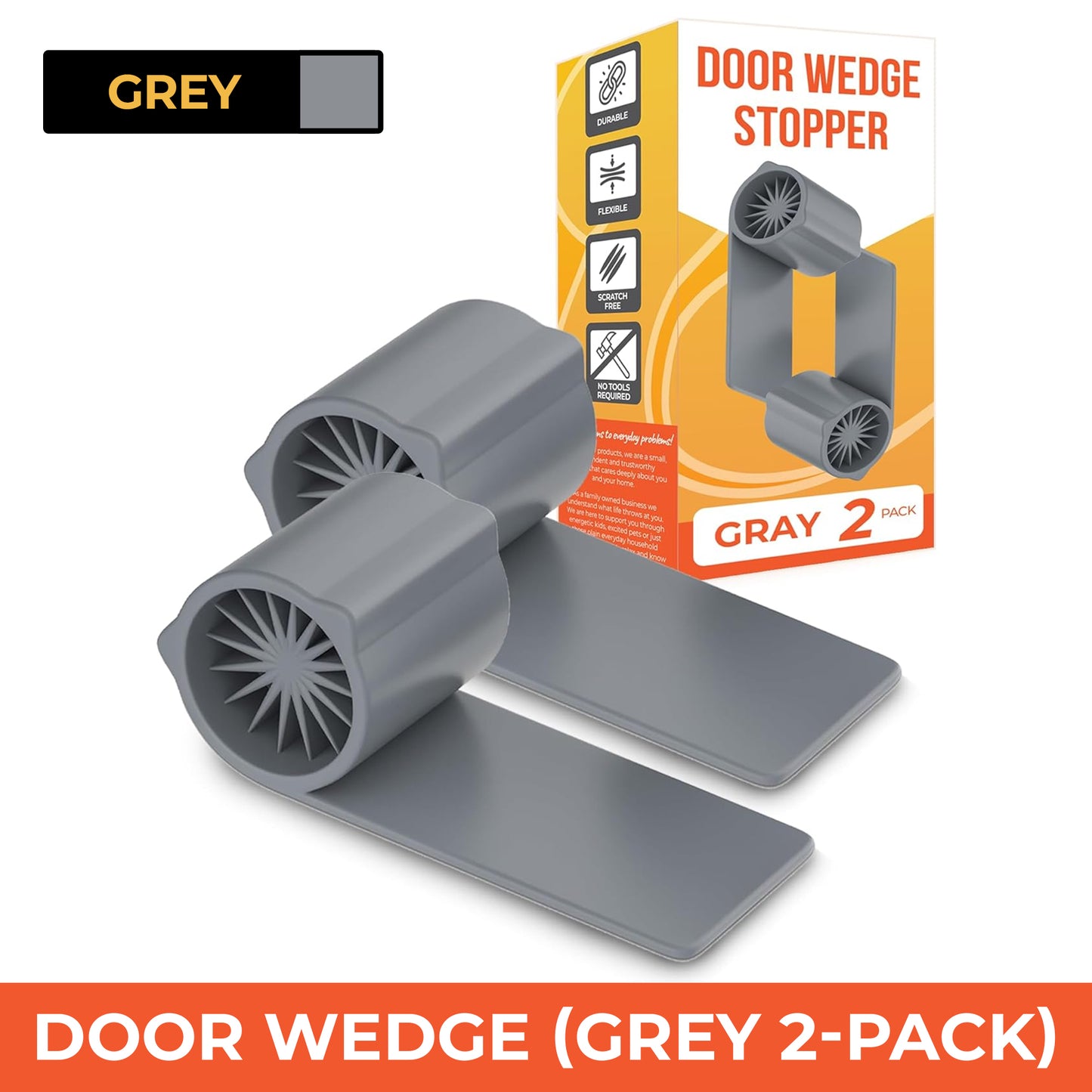 Ducki 4" x 2" x 1.5" Grey Door Wedge Stopper (2 Pack) - 3 in 1 Thermoplastic Rubber for Door Top, Bottom, or Hinge