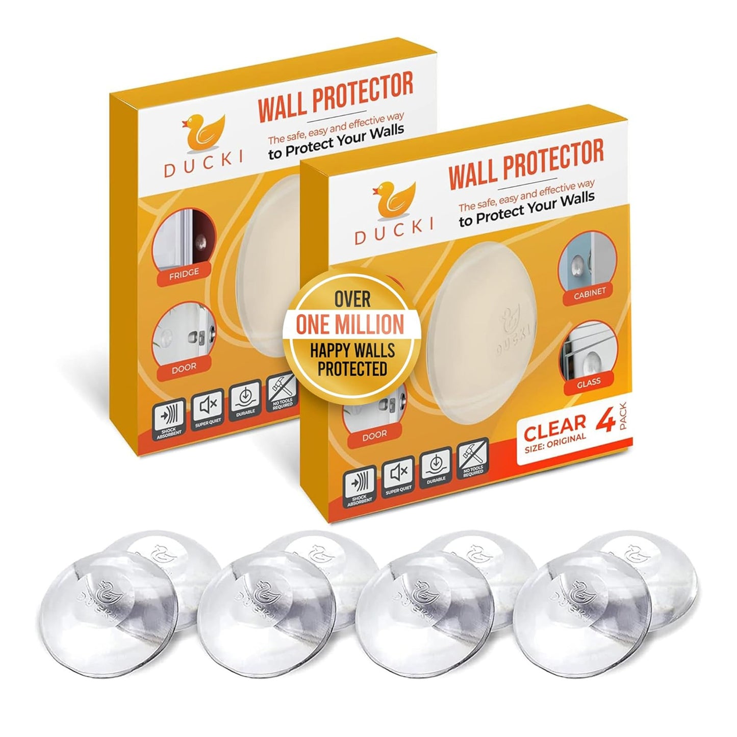 Ducki 2" Clear Door Stop Protectors (8 Pack) - Washable Self-Adhesive Wall Protection