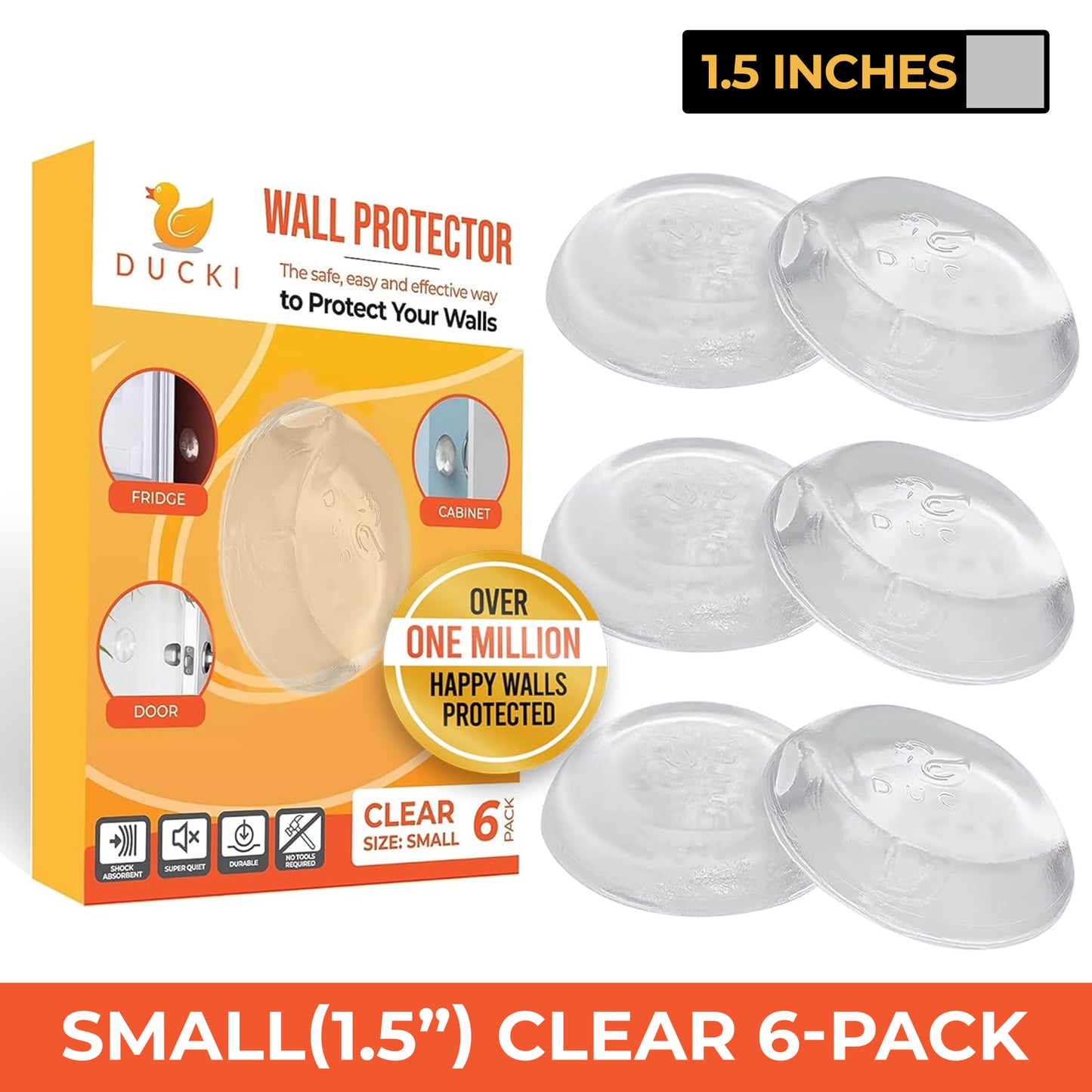 Ducki 1.5" Clear Door Stop Protectors (6 Pack) - Washable Self-Adhesive Wall Protection