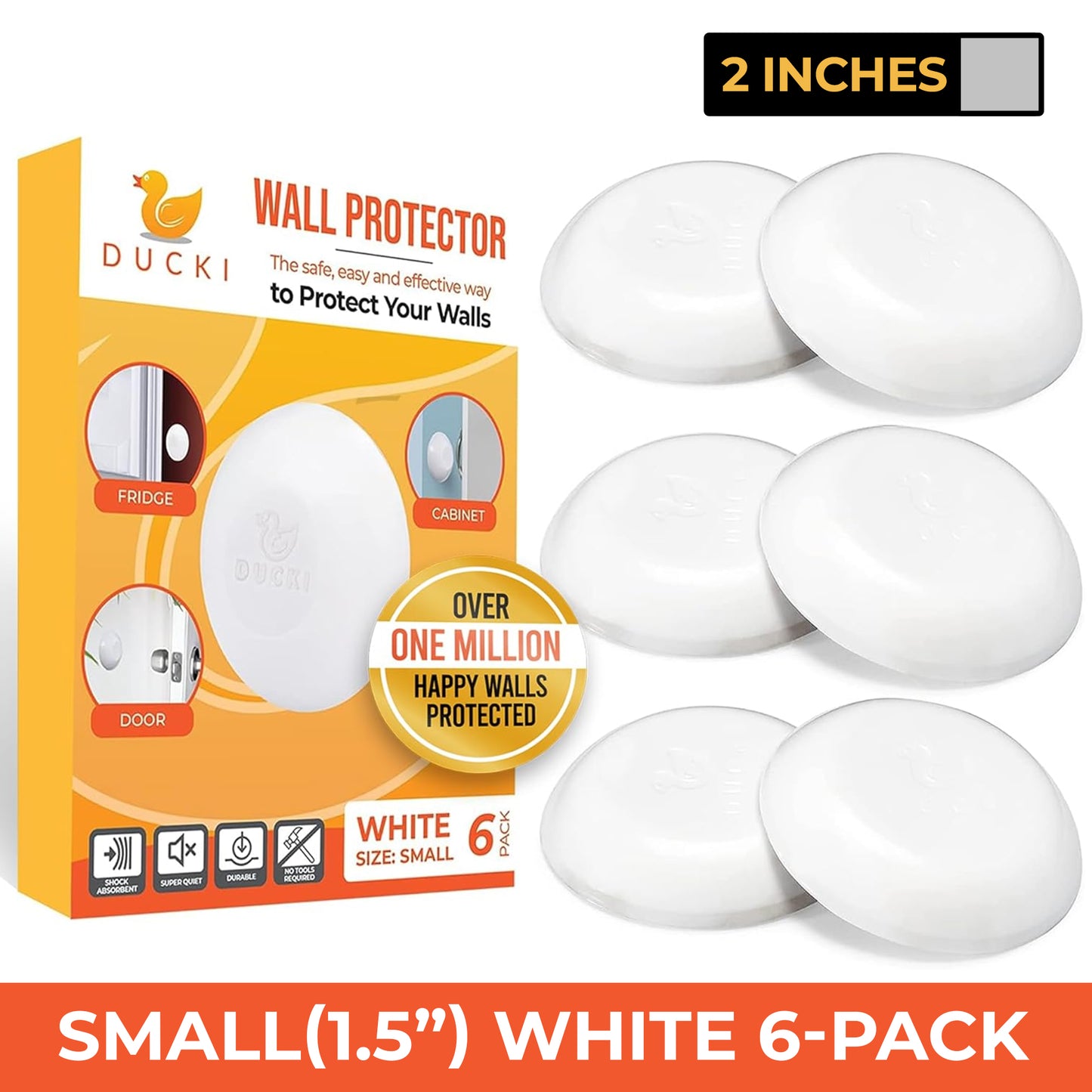 Ducki 1.5" White Door Stop Protectors (6 Pack) - Washable Self-Adhesive Wall Protection