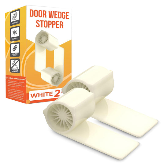 Ducki 4" x 2" x 1.5" White Door Wedge Stopper (2 Pack) - 3 in 1 Thermoplastic Rubber for Door Top, Bottom, or Hinge