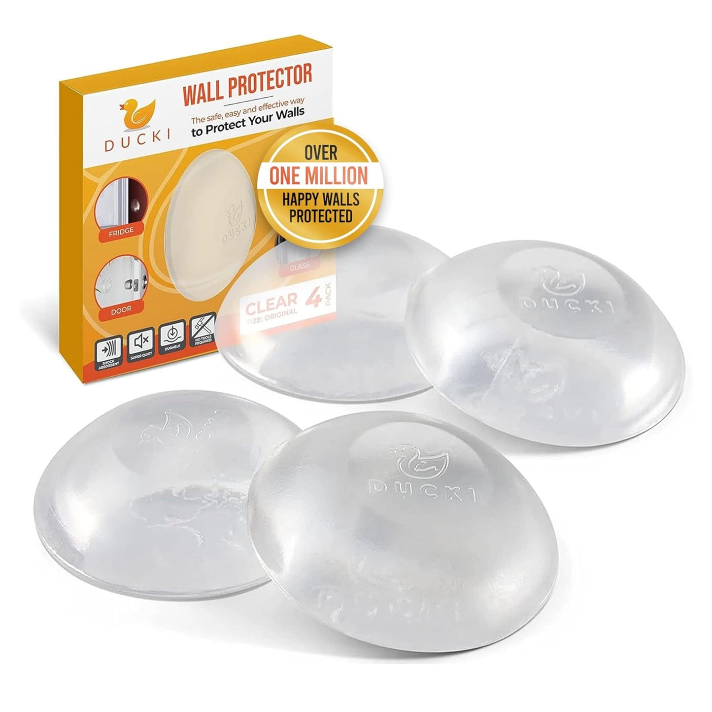 Ducki 2" Clear Door Stop Protectors (4 Pack) - Washable Self-Adhesive Wall Protection