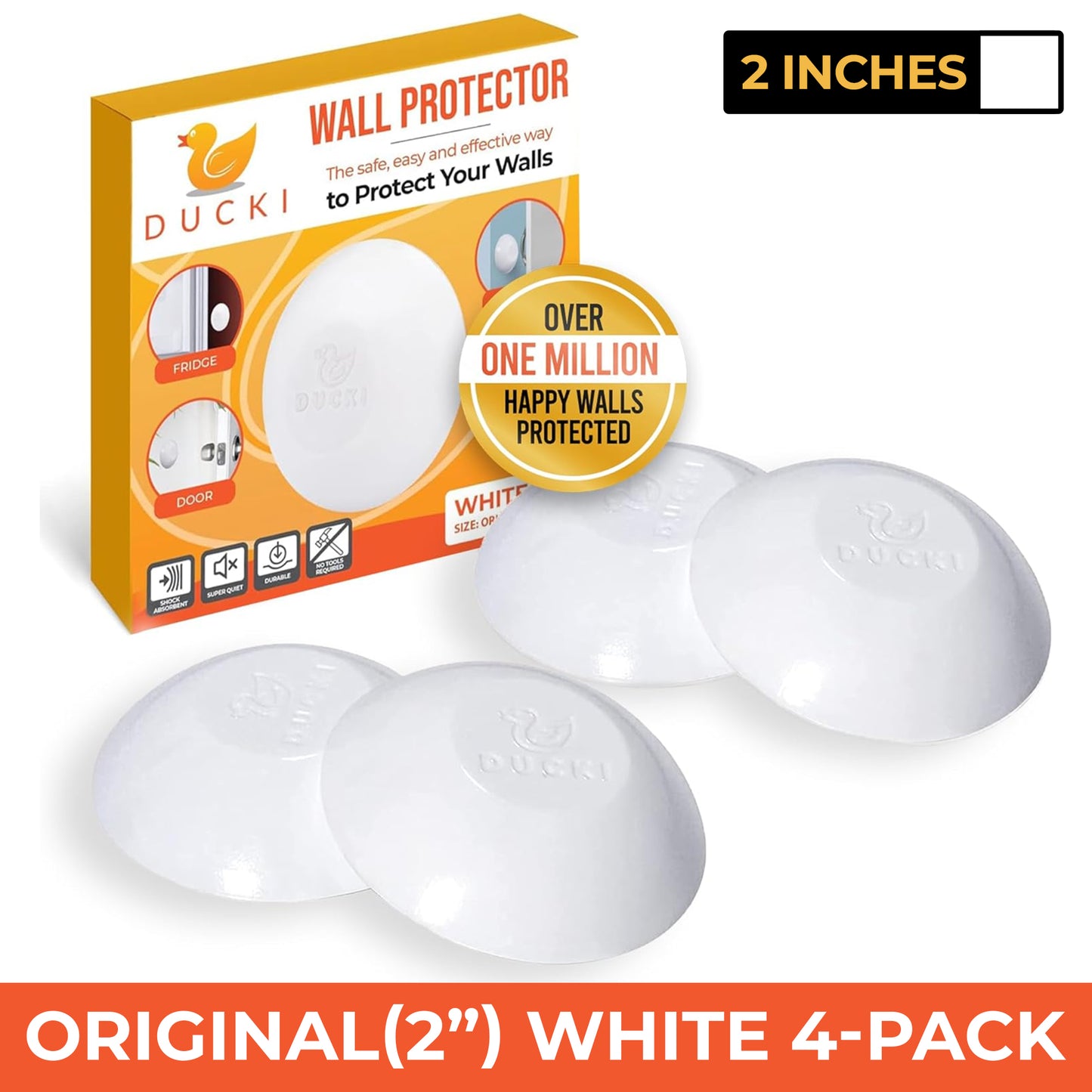 Ducki 2" White Door Stop Protectors (4 Pack) - Washable Self-Adhesive Wall Protection