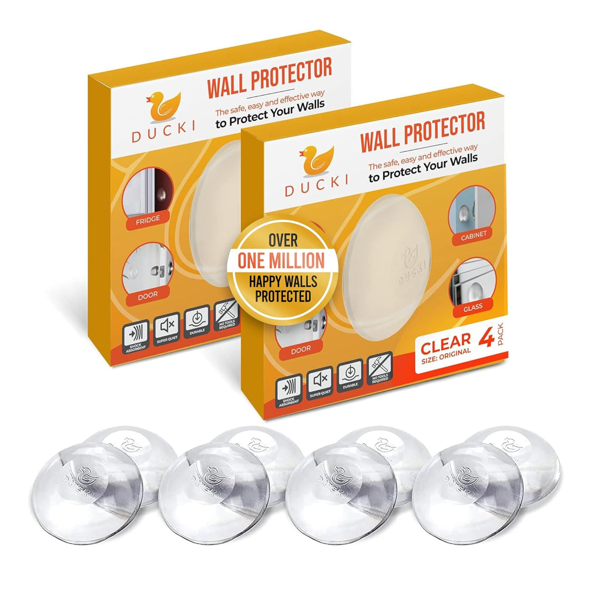 Ducki 2" Clear Door Stop Protectors (8 Pack) - Washable Self-Adhesive Wall Protection