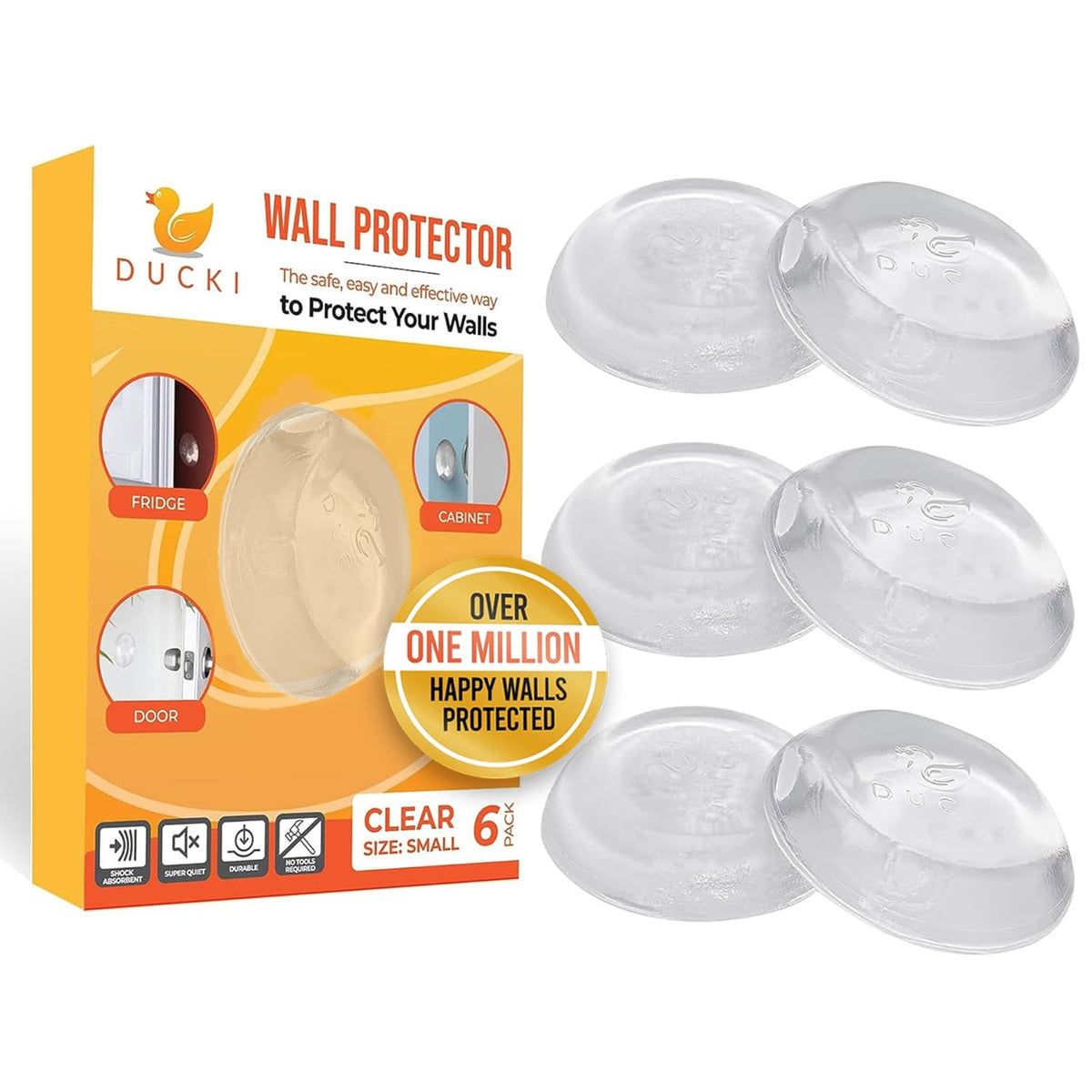 Ducki 1.5" Clear Door Stop Protectors (6 Pack) - Washable Self-Adhesive Wall Protection