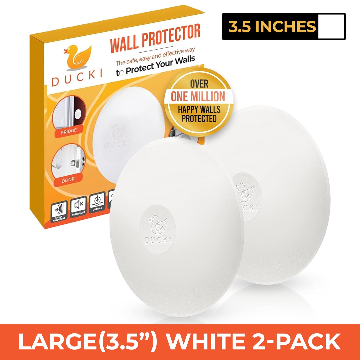 Ducki 3.5" White Door Stop Protectors (2 Pack) - Washable Self-Adhesive Wall Protection