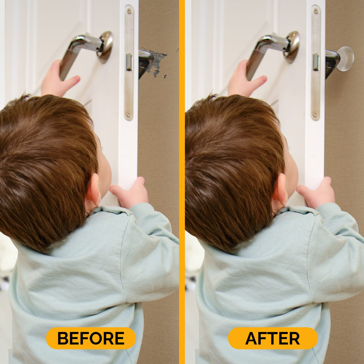 Before: wall damage where the door handle lands. After: a clear Ducki protector on that spot